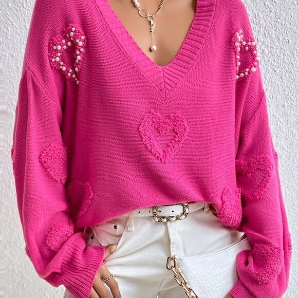 Pink Casual Womens Pearls Heart Detail V-neck Drop Shoulder Sweater - Picture 3 of 5